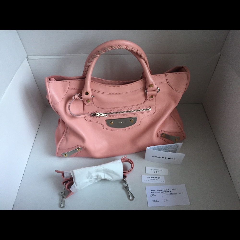 SOLD Balenciaga Pink Calfskin Metal Plate City Bag - Picture 7 of 8